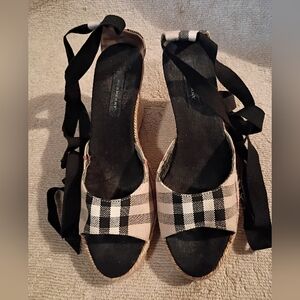 Burberry Black and White Check Wedge Espadrilles with Black Ankle Ties